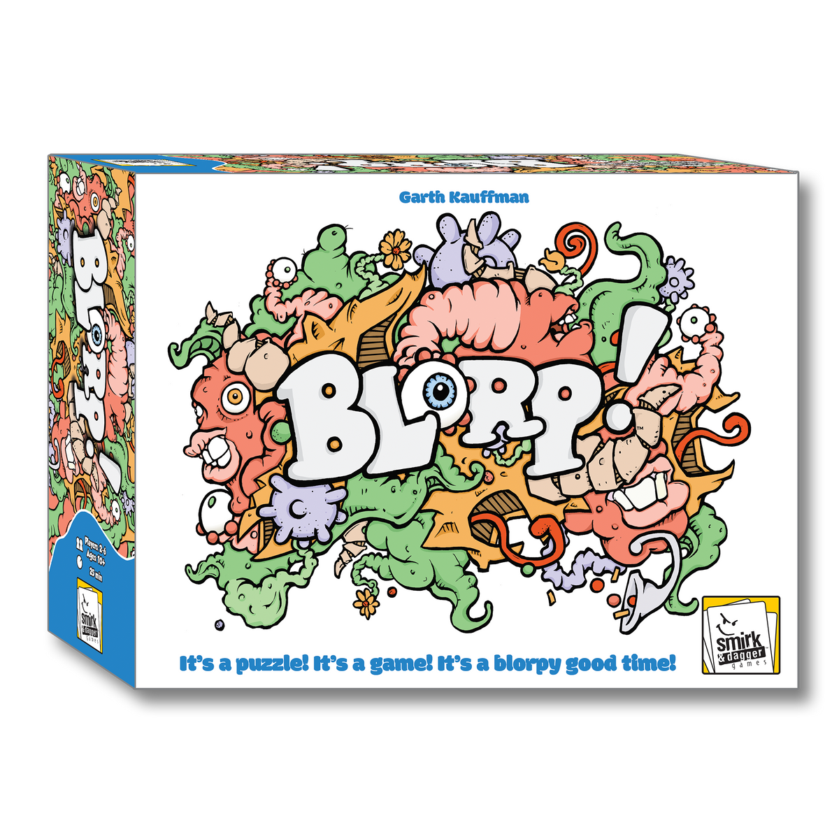 Colorful box of 'Blorp!' puzzle game with cartoon monster limbs and body parts and text.